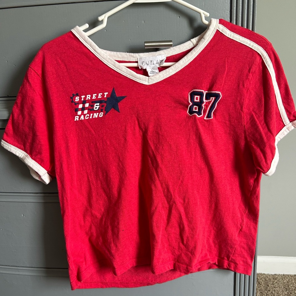 Red Crop Top with Sporty V-Neck and Number Print